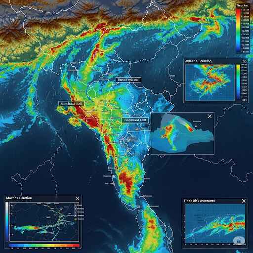 AI enhanced climate modeling: AI-enhanced climate model showing a flood-prone region in India