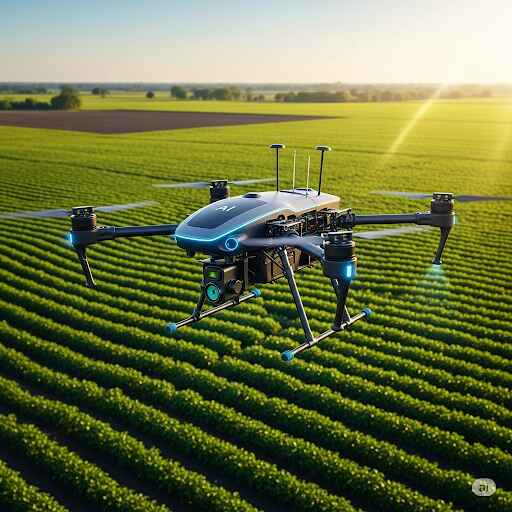 AI powered drone: AI-powered drone flying over a lush farm, scanning crops.