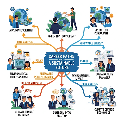 Career paths mind map: Mind map of career paths in AI for climate and sustainability.